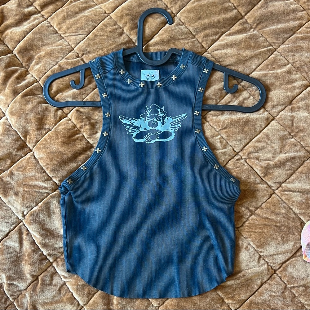 Boys Lie - LIKE NEW - Black Ribbed Tank with Angel Label and Studs
